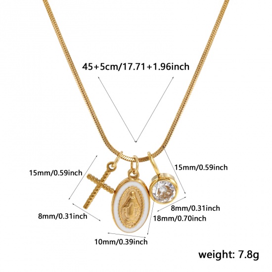 Imagen de 18K Real Gold Plated Square Snake Chain Cross Pendant Charm Necklace, 304 Stainless Steel 45cm(17.7") + 5cm(2"), For Women, Clear Rhinestone Jesus White Enamel April Birthstone Retro Gift, Eco-friendly PVD Vacuum Plating, 1 Piece