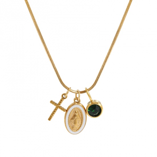 Imagen de 18K Real Gold Plated Square Snake Chain Cross Pendant Charm Necklace, 304 Stainless Steel 45cm(17.7") + 5cm(2"), For Women, Green Rhinestone Jesus White Enamel May Birthstone Retro Gift, Eco-friendly PVD Vacuum Plating, 1 Piece