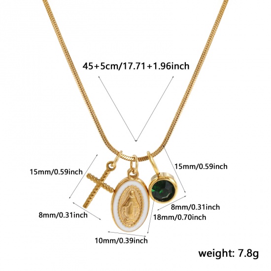 Imagen de 18K Real Gold Plated Square Snake Chain Cross Pendant Charm Necklace, 304 Stainless Steel 45cm(17.7") + 5cm(2"), For Women, Green Rhinestone Jesus White Enamel May Birthstone Retro Gift, Eco-friendly PVD Vacuum Plating, 1 Piece