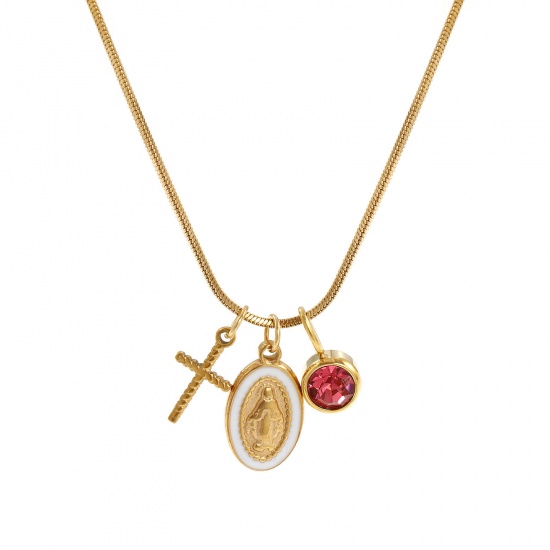 Imagen de 18K Real Gold Plated Square Snake Chain Cross Pendant Charm Necklace, 304 Stainless Steel 45cm(17.7") + 5cm(2"), For Women, Hot Pink Rhinestone Jesus White Enamel July Birthstone Retro Gift, Eco-friendly PVD Vacuum Plating, 1 Piece
