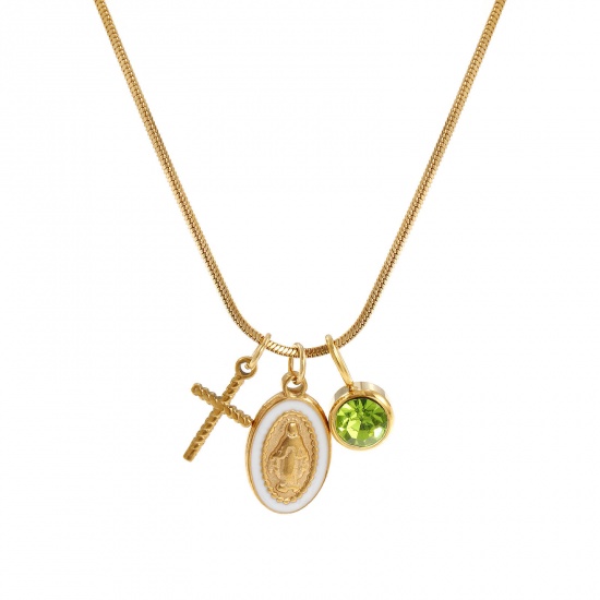 Imagen de 18K Real Gold Plated Square Snake Chain Cross Pendant Charm Necklace, 304 Stainless Steel 45cm(17.7") + 5cm(2"), For Women, Light Green Rhinestone Jesus White Enamel August Birthstone Retro Gift, Eco-friendly PVD Vacuum Plating, 1 Piece