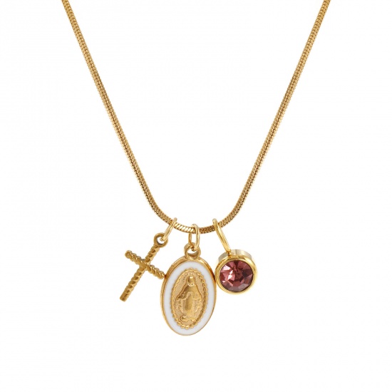Imagen de 18K Real Gold Plated Square Snake Chain Cross Pendant Charm Necklace, 304 Stainless Steel 45cm(17.7") + 5cm(2"), For Women, Pink Rhinestone Jesus White Enamel October Birthstone Retro Gift, Eco-friendly PVD Vacuum Plating, 1 Piece