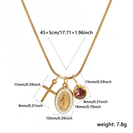 Imagen de 18K Real Gold Plated Square Snake Chain Cross Pendant Charm Necklace, 304 Stainless Steel 45cm(17.7") + 5cm(2"), For Women, Pink Rhinestone Jesus White Enamel October Birthstone Retro Gift, Eco-friendly PVD Vacuum Plating, 1 Piece
