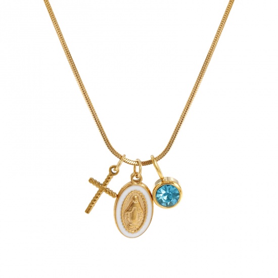 Imagen de 18K Real Gold Plated Square Snake Chain Cross Pendant Charm Necklace, 304 Stainless Steel 45cm(17.7") + 5cm(2"), For Women, Lake Blue Rhinestone Jesus White Enamel December Birthstone Retro Gift, Eco-friendly PVD Vacuum Plating, 1 Piece