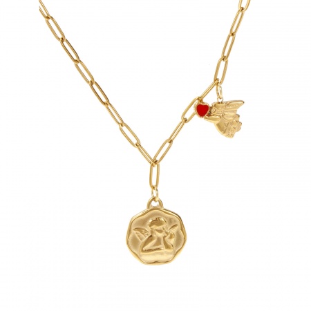 Picture of Multi Angel & Enamel Red Heart Charm Pendant Necklaces with Paperclip Chain, Waterproof 18K Gold Plated 304 Stainless Steel Jewelry, Bulk Fashion Jewelry for Retailer