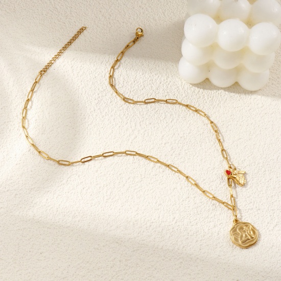 Immagine di 18K Real Gold Plated Paperclip Link Chain Irregular Pendant Charm Necklace, 304 Stainless Steel 42cm(16.5") + 5cm(2"), For Women, Angel Red Enamel Religious Retro Gift, Eco-friendly PVD Vacuum Plating, 1 Piece