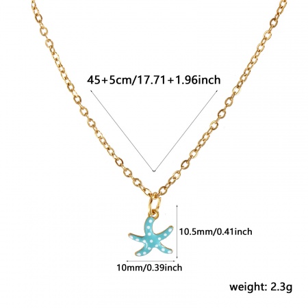 Picture of 18K Real Gold Plated Rolo Chain Starfish Pendant Charm Necklace, Stainless Steel 45cm(17.7") + 5cm(2"), For Women, Spot Mint Green Enamel Ocean Jewelry Sweet & Cute Gift, Eco-friendly PVD Vacuum Plating Waterproof Anti-Tarnish Hypoallergenic, 1 Piece