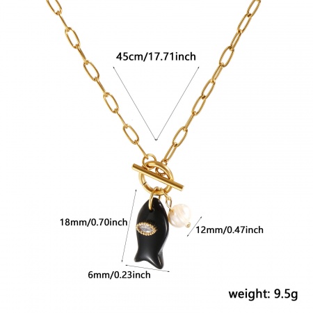 Picture of 18K Real Gold Plated Paperclip Link Chain Fish Animal Pendant Charm Necklace, 304 Stainless Steel & Gemstone & Natural Pearl 45cm(17.7"), For Women, Clear Rhinestone Black Ocean Jewelry Stylish Gift, Eco-friendly PVD Vacuum Plating Waterproof Anti-Tarnish Hypoallergenic, 1 Piece