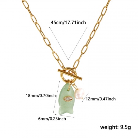 Picture of 18K Real Gold Plated Paperclip Link Chain Fish Animal Pendant Charm Necklace, 304 Stainless Steel & Gemstone & Natural Pearl 45cm(17.7"), For Women, Clear Rhinestone Green Ocean Jewelry Stylish Gift, Eco-friendly PVD Vacuum Plating Waterproof Anti-Tarnish Hypoallergenic, 1 Piece