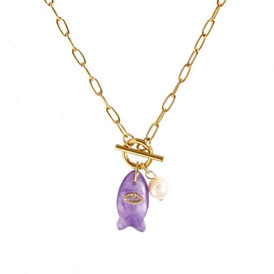 Imagen de 18K Real Gold Plated Paperclip Link Chain Fish Animal Pendant Charm Necklace, 304 Stainless Steel & Gemstone 45cm(17.7"), For Women, Clear Rhinestone Purple Ocean Jewelry Stylish Gift, Eco-friendly PVD Vacuum Plating, 1 Piece