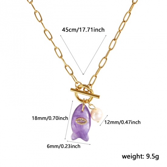 Imagen de 18K Real Gold Plated Paperclip Link Chain Fish Animal Pendant Charm Necklace, 304 Stainless Steel & Gemstone 45cm(17.7"), For Women, Clear Rhinestone Purple Ocean Jewelry Stylish Gift, Eco-friendly PVD Vacuum Plating, 1 Piece