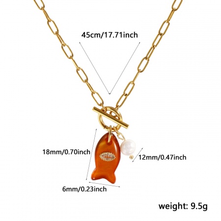 Picture of 18K Real Gold Plated Paperclip Link Chain Fish Animal Pendant Charm Necklace, 304 Stainless Steel & Gemstone & Natural Pearl 45cm(17.7"), For Women, Clear Rhinestone Brown Ocean Jewelry Stylish Gift, Eco-friendly PVD Vacuum Plating Waterproof Anti-Tarnish Hypoallergenic, 1 Piece