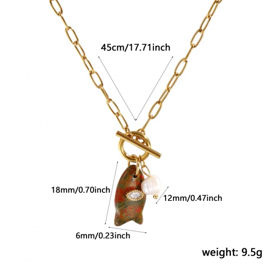 Imagen de 18K Real Gold Plated Paperclip Link Chain Fish Animal Pendant Charm Necklace, 304 Stainless Steel & Gemstone 45cm(17.7"), For Women, Clear Rhinestone Green Ocean Jewelry Stylish Gift, Eco-friendly PVD Vacuum Plating, 1 Piece