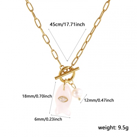 Picture of 18K Real Gold Plated Paperclip Link Chain Fish Animal Pendant Charm Necklace, 304 Stainless Steel & Gemstone & Natural Pearl 45cm(17.7"), For Women, Clear Rhinestone Pink Ocean Jewelry Stylish Gift, Eco-friendly PVD Vacuum Plating Waterproof Anti-Tarnish Hypoallergenic, 1 Piece