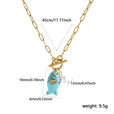Picture of 18K Real Gold Plated Paperclip Link Chain Fish Animal Pendant Charm Necklace, 304 Stainless Steel & Gemstone & Natural Pearl 45cm(17.7"), For Women, Clear Rhinestone Green Blue Ocean Jewelry Stylish Gift, Eco-friendly PVD Vacuum Plating Waterproof Anti-Tarnish Hypoallergenic, 1 Piece