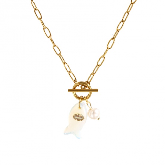 Imagen de 18K Real Gold Plated Paperclip Link Chain Fish Animal Pendant Charm Necklace, 304 Stainless Steel & Gemstone 45cm(17.7"), For Women, Clear Rhinestone White Ocean Jewelry Stylish Gift, Eco-friendly PVD Vacuum Plating, 1 Piece