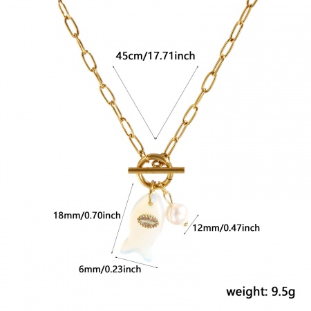 Picture of 18K Real Gold Plated Paperclip Link Chain Fish Animal Pendant Charm Necklace, 304 Stainless Steel & Gemstone & Natural Pearl 45cm(17.7"), For Women, Clear Rhinestone White Ocean Jewelry Stylish Gift, Eco-friendly PVD Vacuum Plating Waterproof Anti-Tarnish Hypoallergenic, 1 Piece