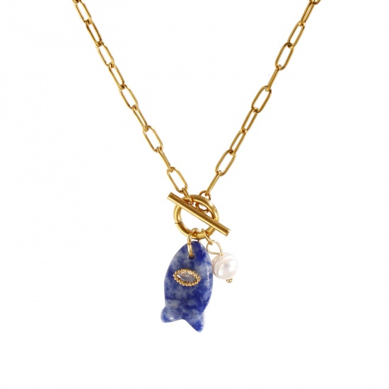 Imagen de 18K Real Gold Plated Paperclip Link Chain Fish Animal Pendant Charm Necklace, 304 Stainless Steel & Gemstone 45cm(17.7"), For Women, Clear Rhinestone Dark Blue Ocean Jewelry Stylish Gift, Eco-friendly PVD Vacuum Plating, 1 Piece