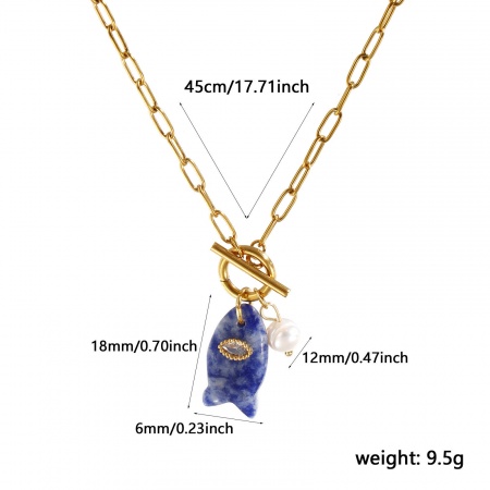 Picture of 18K Real Gold Plated Paperclip Link Chain Fish Animal Pendant Charm Necklace, 304 Stainless Steel & Gemstone & Natural Pearl 45cm(17.7"), For Women, Clear Rhinestone Dark Blue Ocean Jewelry Stylish Gift, Eco-friendly PVD Vacuum Plating Waterproof Anti-Tarnish Hypoallergenic, 1 Piece