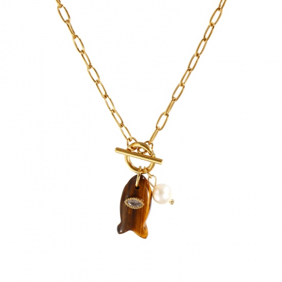 Imagen de 18K Real Gold Plated Paperclip Link Chain Fish Animal Pendant Charm Necklace, 304 Stainless Steel & Gemstone 45cm(17.7"), For Women, Clear Rhinestone Brown Ocean Jewelry Stylish Gift, Eco-friendly PVD Vacuum Plating, 1 Piece