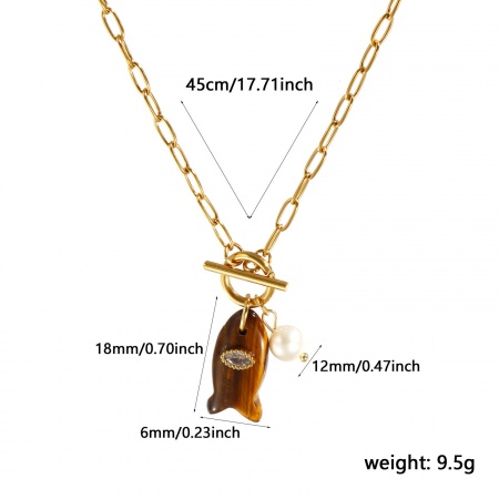 Picture of 18K Real Gold Plated Paperclip Link Chain Fish Animal Pendant Charm Necklace, 304 Stainless Steel & Gemstone & Natural Pearl 45cm(17.7"), For Women, Clear Rhinestone Brown Ocean Jewelry Stylish Gift, Eco-friendly PVD Vacuum Plating Waterproof Anti-Tarnish Hypoallergenic, 1 Piece