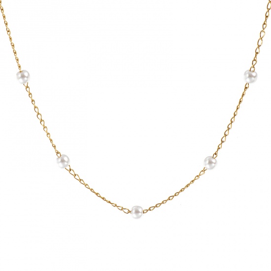 Immagine di 1 Pz 18K Vero Oro Placcato Catena di Perline Collana, 304 Acciaio Inossidabile & Acrilato 45cm + 5cm, Dimensione della Catena: 1.4mm, Per Donne, Bianco Perla Imitato Acrilico, Minimalista Squisito Regalo, Ecologico