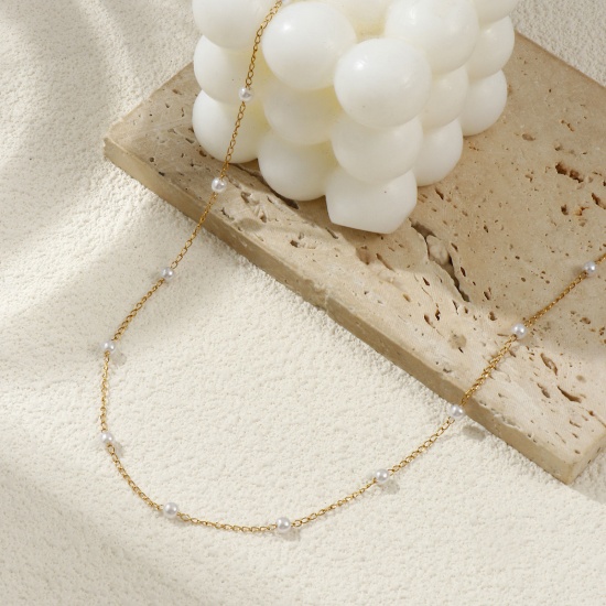 Immagine di 1 Pz 18K Vero Oro Placcato Catena di Perline Collana, 304 Acciaio Inossidabile & Acrilato 45cm + 5cm, Dimensione della Catena: 1.4mm, Per Donne, Bianco Perla Imitato Acrilico, Minimalista Squisito Regalo, Ecologico
