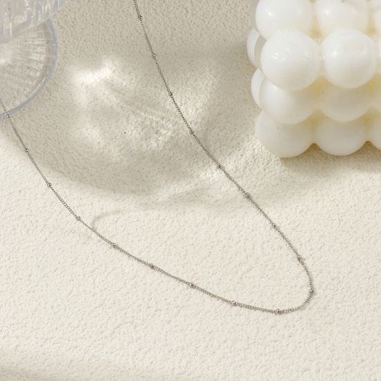 Picture of 2 PCs Silver Tone Curb Link Chain Necklace, 304 Stainless Steel 45cm(17.7") + 5cm(2"), Chain Size: 1mm, For Women, Minimalist Exquisite Gift, Eco-friendly