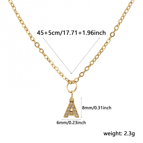 Immagine di 18K Vero Oro Placcato Catena a Cavo Collana con Ciondolo, 304 Acciaio Inossidabile 45cm + 5cm, Per Donne, Trasparente Strass Messaggio " A " Micro Spianare, Lettera Maiuscola Elegante Regalo, Placcatura Sottovuoto PVD Ecologica, 1 Pz