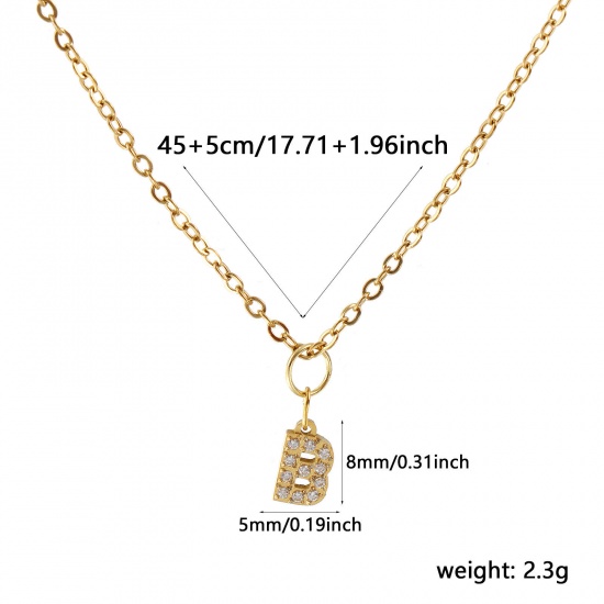 Immagine di 18K Vero Oro Placcato Catena a Cavo Collana con Ciondolo, 304 Acciaio Inossidabile 45cm + 5cm, Per Donne, Trasparente Strass Messaggio " B " Micro Spianare, Lettera Maiuscola Elegante Regalo, Placcatura Sottovuoto PVD Ecologica, 1 Pz