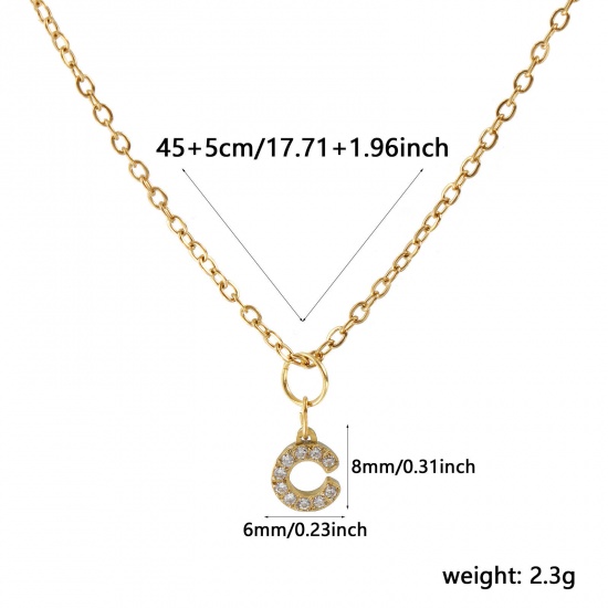 Immagine di 18K Vero Oro Placcato Catena a Cavo Collana con Ciondolo, 304 Acciaio Inossidabile 45cm + 5cm, Per Donne, Trasparente Strass Messaggio " C " Micro Spianare, Lettera Maiuscola Elegante Regalo, Placcatura Sottovuoto PVD Ecologica, 1 Pz