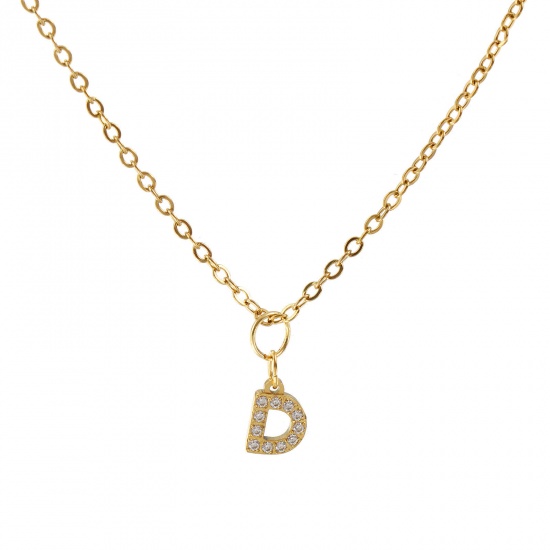 Immagine di 18K Vero Oro Placcato Catena a Cavo Collana con Ciondolo, 304 Acciaio Inossidabile 45cm + 5cm, Per Donne, Trasparente Strass Messaggio " D " Micro Spianare, Lettera Maiuscola Elegante Regalo, Placcatura Sottovuoto PVD Ecologica, 1 Pz
