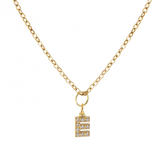 Immagine di 18K Vero Oro Placcato Catena a Cavo Collana con Ciondolo, 304 Acciaio Inossidabile 45cm + 5cm, Per Donne, Trasparente Strass Messaggio " E " Micro Spianare, Lettera Maiuscola Elegante Regalo, Placcatura Sottovuoto PVD Ecologica, 1 Pz