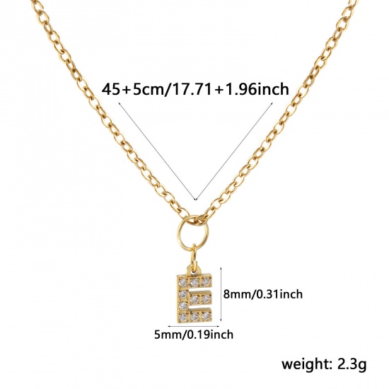 Immagine di 18K Vero Oro Placcato Catena a Cavo Collana con Ciondolo, 304 Acciaio Inossidabile 45cm + 5cm, Per Donne, Trasparente Strass Messaggio " E " Micro Spianare, Lettera Maiuscola Elegante Regalo, Placcatura Sottovuoto PVD Ecologica, 1 Pz