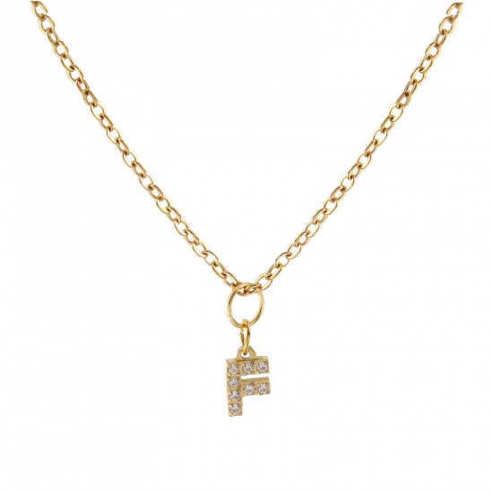 Immagine di 18K Vero Oro Placcato Catena a Cavo Collana con Ciondolo, 304 Acciaio Inossidabile 45cm + 5cm, Per Donne, Trasparente Strass Messaggio " F " Micro Spianare, Lettera Maiuscola Elegante Regalo, Placcatura Sottovuoto PVD Ecologica, 1 Pz