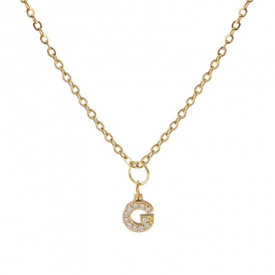 Immagine di 18K Vero Oro Placcato Catena a Cavo Collana con Ciondolo, 304 Acciaio Inossidabile 45cm + 5cm, Per Donne, Trasparente Strass Messaggio " G " Micro Spianare, Lettera Maiuscola Elegante Regalo, Placcatura Sottovuoto PVD Ecologica, 1 Pz