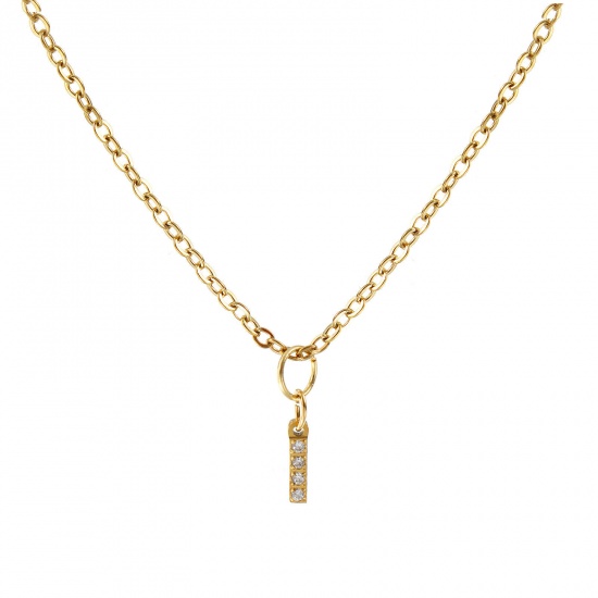 Immagine di 18K Vero Oro Placcato Catena a Cavo Collana con Ciondolo, 304 Acciaio Inossidabile 45cm + 5cm, Per Donne, Trasparente Strass Messaggio " I " Micro Spianare, Lettera Maiuscola Elegante Regalo, Placcatura Sottovuoto PVD Ecologica, 1 Pz