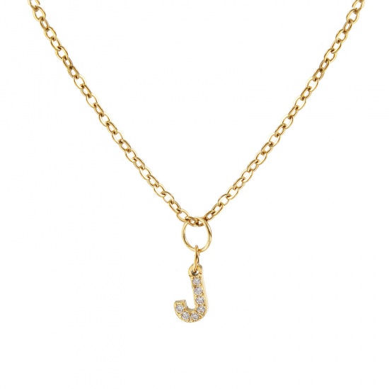 Immagine di 18K Vero Oro Placcato Catena a Cavo Collana con Ciondolo, 304 Acciaio Inossidabile 45cm + 5cm, Per Donne, Trasparente Strass Messaggio " J " Micro Spianare, Lettera Maiuscola Elegante Regalo, Placcatura Sottovuoto PVD Ecologica, 1 Pz