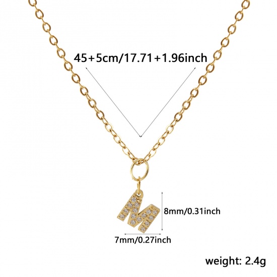 Immagine di 18K Vero Oro Placcato Catena a Cavo Collana con Ciondolo, 304 Acciaio Inossidabile 45cm + 5cm, Per Donne, Trasparente Strass Messaggio " M " Micro Spianare, Lettera Maiuscola Elegante Regalo, Placcatura Sottovuoto PVD Ecologica, 1 Pz