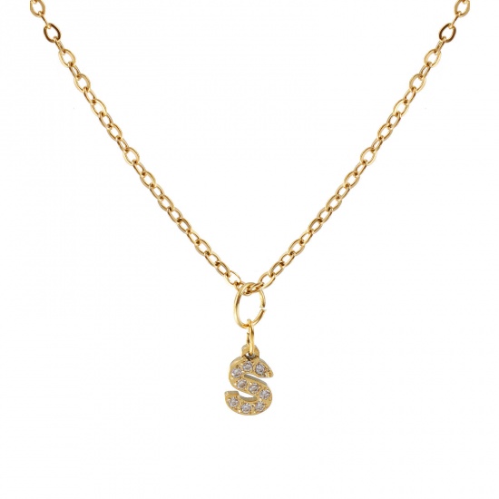 Immagine di 18K Vero Oro Placcato Catena a Cavo Collana con Ciondolo, 304 Acciaio Inossidabile 45cm + 5cm, Per Donne, Trasparente Strass Messaggio " S " Micro Spianare, Lettera Maiuscola Elegante Regalo, Placcatura Sottovuoto PVD Ecologica, 1 Pz