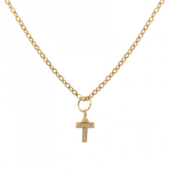 Immagine di 18K Vero Oro Placcato Catena a Cavo Collana con Ciondolo, 304 Acciaio Inossidabile 45cm + 5cm, Per Donne, Trasparente Strass Messaggio " T " Micro Spianare, Lettera Maiuscola Elegante Regalo, Placcatura Sottovuoto PVD Ecologica, 1 Pz
