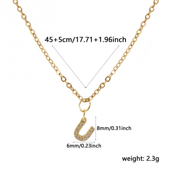 Immagine di 18K Vero Oro Placcato Catena a Cavo Collana con Ciondolo, 304 Acciaio Inossidabile 45cm + 5cm, Per Donne, Trasparente Strass Messaggio " U " Micro Spianare, Lettera Maiuscola Elegante Regalo, Placcatura Sottovuoto PVD Ecologica, 1 Pz