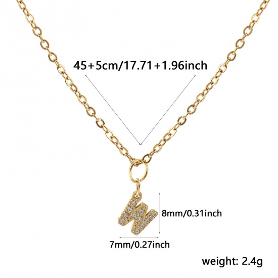Immagine di 18K Vero Oro Placcato Catena a Cavo Collana con Ciondolo, 304 Acciaio Inossidabile 45cm + 5cm, Per Donne, Trasparente Strass Messaggio " W " Micro Spianare, Lettera Maiuscola Elegante Regalo, Placcatura Sottovuoto PVD Ecologica, 1 Pz