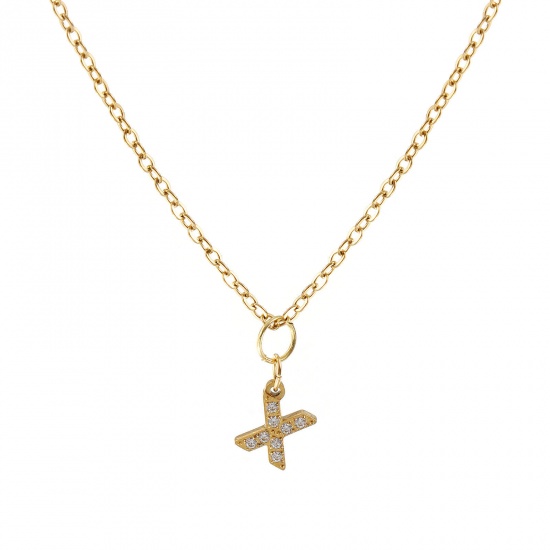 Immagine di 18K Vero Oro Placcato Catena a Cavo Collana con Ciondolo, 304 Acciaio Inossidabile 45cm + 5cm, Per Donne, Trasparente Strass Messaggio " X " Micro Spianare, Lettera Maiuscola Elegante Regalo, Placcatura Sottovuoto PVD Ecologica, 1 Pz