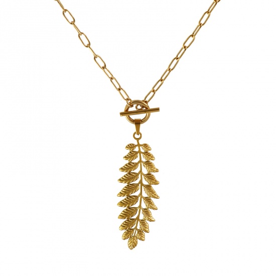 Bild von 18K Real Gold Plated Paperclip Link Chain Leaf Pendant Charm Necklace, 304 Stainless Steel 45cm(17.7"), For Women, Casual Natural Pastoral Gift, Eco-friendly PVD Vacuum Plating, 1 Piece
