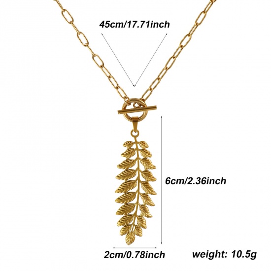 Bild von 18K Real Gold Plated Paperclip Link Chain Leaf Pendant Charm Necklace, 304 Stainless Steel 45cm(17.7"), For Women, Casual Natural Pastoral Gift, Eco-friendly PVD Vacuum Plating, 1 Piece