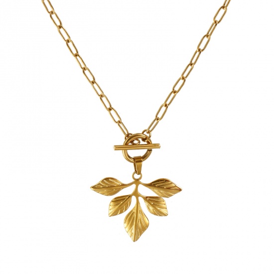 Bild von 18K Real Gold Plated Paperclip Link Chain Leaf Pendant Charm Necklace, 304 Stainless Steel 45cm(17.7"), For Women, Casual Natural Pastoral Gift, Eco-friendly PVD Vacuum Plating, 1 Piece