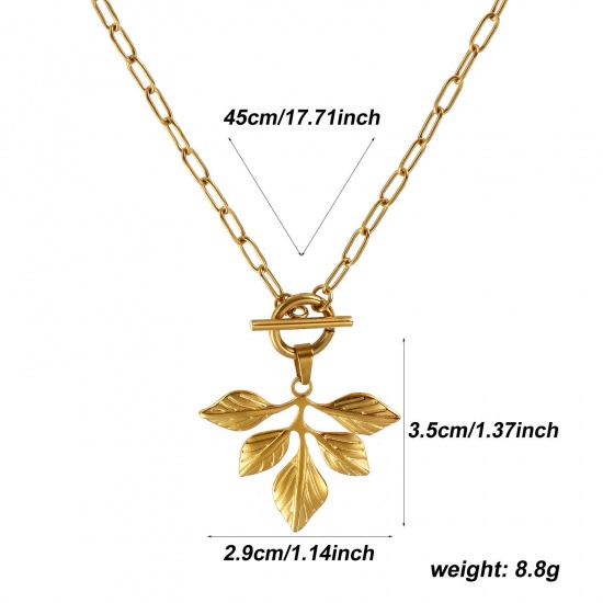 Bild von 18K Real Gold Plated Paperclip Link Chain Leaf Pendant Charm Necklace, 304 Stainless Steel 45cm(17.7"), For Women, Casual Natural Pastoral Gift, Eco-friendly PVD Vacuum Plating, 1 Piece