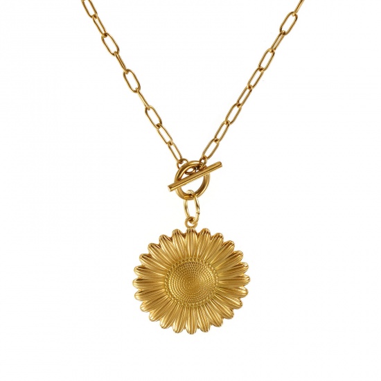 Bild von 18K Real Gold Plated Paperclip Link Chain Sunflower Pendant Charm Necklace, 304 Stainless Steel 45cm(17.7"), For Women, Casual Natural Pastoral Gift, Eco-friendly PVD Vacuum Plating, 1 Piece