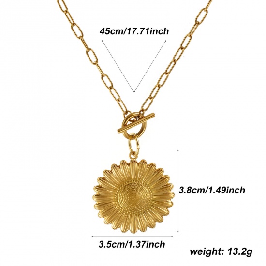 Bild von 18K Real Gold Plated Paperclip Link Chain Sunflower Pendant Charm Necklace, 304 Stainless Steel 45cm(17.7"), For Women, Casual Natural Pastoral Gift, Eco-friendly PVD Vacuum Plating, 1 Piece